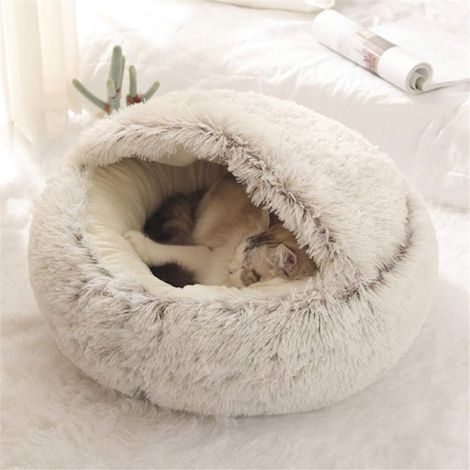 Flauschiges Katzenbett – Rundes Plüsch-Katzenbett – Kattenmand – Kattenbed – Winter-Katzenbett mit Kapuze – Warmes Schlafkissen – 50 cm – Stoff – Braun (1/5)