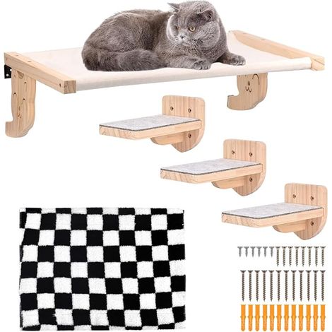 Wall Mounted Cat Hammock Wooden Cat Furniture Wall Shelves and Bars Wall Shelf with Plush Platform for Sleeping, Playing and Climbing (1/5)