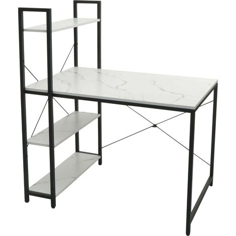 Escritorio con estante HHG-669, mesa para portátil mesa de oficina escritorio de trabajo, 100x60cm metal MDF, aspecto mármol blanco