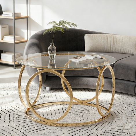 Table basse ronde Ø80 cm - table de salon moderne avec pieds rainurés et plateau MDF - Effet noyer (1/5)