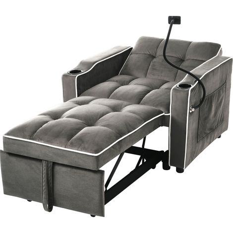 Sofá cama individual 3 en 1 de terciopelo gris oscuro con portavasos y soporte para móvil HOMVRA (1/5)