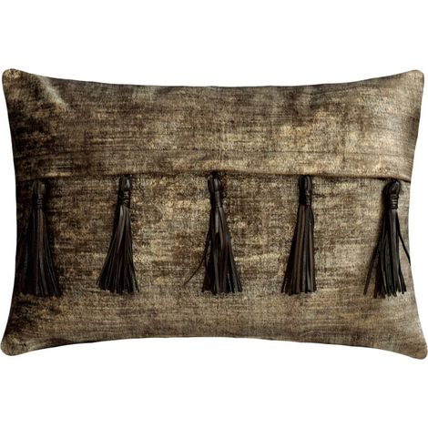 Brauner Lendenkissenbezug (30 x 55 cm), aus samtigem Wildlederimitat mit Folienstruktur und Quasten, einfarbig, moderner Stil – Tassels N Twine