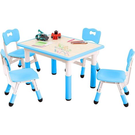 Ensemble Table et 4 Chaises Enfant Réglable en Hauteur - Table de Jeu Évolutive et Ergonomique 2-10 Ans - Bleu (1/5)