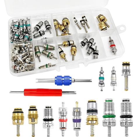 Adecuado para núcleo de válvula de aire acondicionado R12 R134a de 102 piezas, kit de accesorios, kit de herramientas de reparación de núcleo de vástago de válvula.
