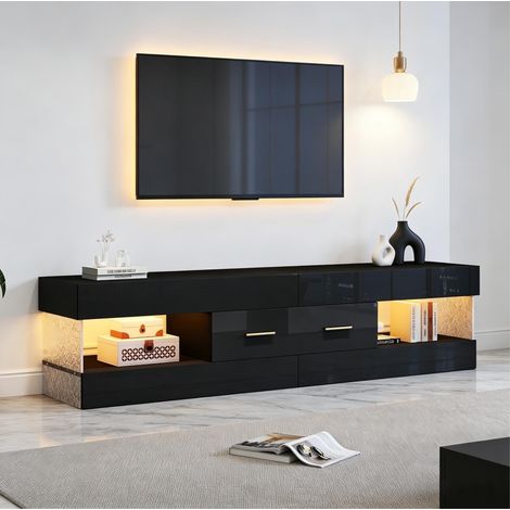 Mueble TV 152x35x40 cm negro en tablero de partículas con laterales acrílicos, 2 cajones y LED (1/5)