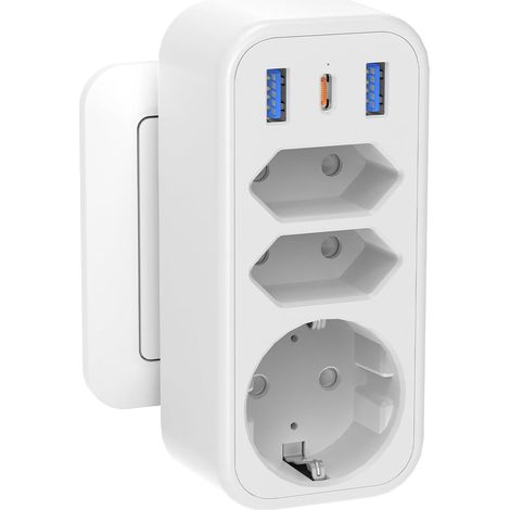 Adaptador de enchufe múltiple 6 en 1 con 1 PD20W USB C, 4000W/16A Enchufe múltiple de 3 vías con 3 enchufes USB Regleta de enchufes, toma de distribución Tomas USB C sin salida de cable (1/5)