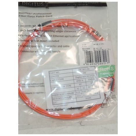 Cordon fibre optique duplex Multimode OM1 ST/ST 62.5/125 couleur orange longueur 2m ASSMANN DK-2611-02