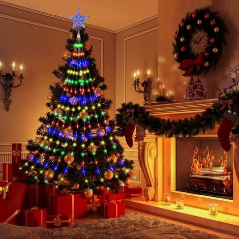Guirlande lumineuse en forme de cascade pour sapin de Noël, 2 m x 9 supports USB avec étoile et télécommande, 198 LED, étanche, pour intérieur et extérieur, décoration de jardin (multicolore) (1/5)