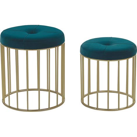 Beliani – Lot de 2 poufs gigognes empilables en velours bleu paon – Structure en acier doré – Hauteur 46/39 cm – Design glamour pour salon ou chambre