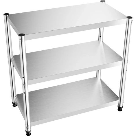 Mesa de cocina de acero inoxidable, diseño duradero de varios niveles, estantes ajustables, color plata, 3 niveles. (1/2)