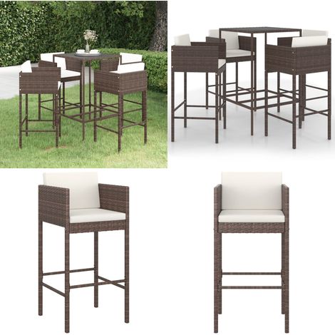 Ensemble bar de jardin 5 pcs et coussins Résine tressée Marron - Salon De Jardin - Mobilier De Jardin - Set De Salon De Jardin - Ensemble De Bar Extérieur - Table De Bar - Home & Living