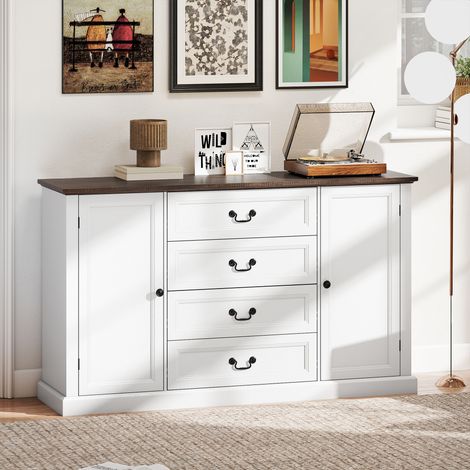 Credenza Cucina, Mobile Cucina con 4 Cassetti Soft Close, Piano d'appoggio Spesso, Credenza Buffet con Ripiani Regolabili, Stile Rustico, per Soggiorno, Sala da Pranzo, 147x40x87 cm, Bianco (1/5)