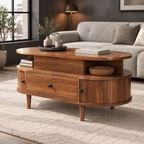 Mesa de centro ovalada 105x50x60,5 cm MDF nogal con tapa elevable y almacenaje – MEUBLIV (1/5)
