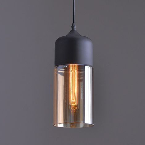 Stoex – Lustre abat-jour en verre fumé – Suspension cylindrique vintage ajustable – Diamètre 13cm, hauteur 31cm – Pour salle à manger, salon, chambre (1/5)