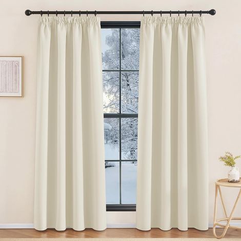 Lot de 2 Rideau Occultant Galon Fronceur Isolation Thermique Polyester Salon Chambre L140 x H200cm Beige Clair (1/5)