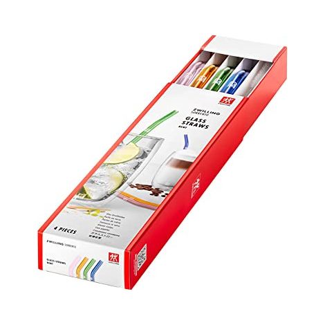 Zwilling Sorrento - Cannucce in vetro borosilicato riutilizzabili e sostenibili per bevande fredde e calde, 4 pezzi, lunghezza 23 cm, forma curva, colore: Multicolore, incl. spazzola per la pulizia (1/4)