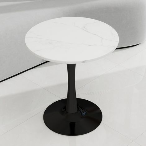 Mesa de comedor redonda 70x70x72 cm - Estilo Mid-Century - Tablero con efecto mármol blanco - Pata central tipo tulipán - Blanco y negro