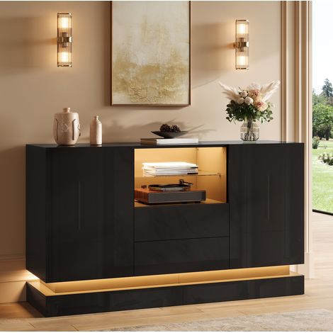 Buffet de rangement avec LED pilotée par application, 2 portes, 2 tiroirs et niche vitrée, 140x40x80 cm, noir brillant (1/5)