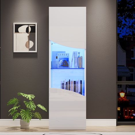 Vitrine salon LED 50 x 35 x 165 cm, armoire de rangement avec portes brillantes, façade ondulée, blanc