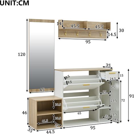 Meuble entrée 4 pièces meuble chaussures banc porte-manteau mural miroir L139,5 x P35 x H166 cm