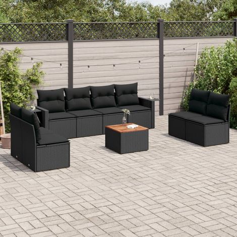 Salon de jardin modulaire 9 pièces en résine tressée et bois d'acacia avec coussins Noir - PANGIVO (1/5)