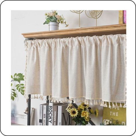 Rideau court en voile, rideau de style bistro, rideau bohème opaque, lin, coton, beige, uni, rideau court à pompons pour cuisine, salon, chambre, 1 pièce (1/5)