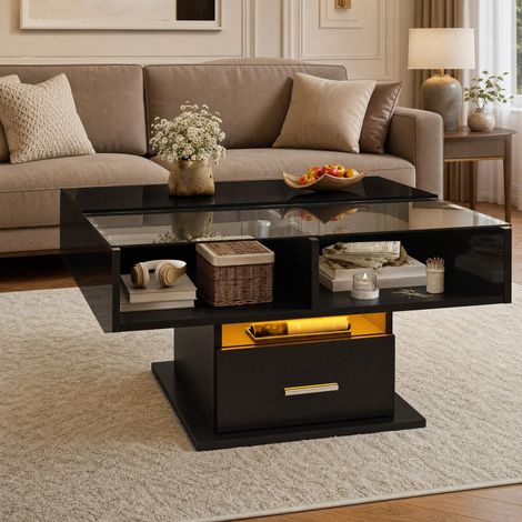 Mesa de centro elevable LED con almacenaje, 78 x 78 cm, altura regulable, negro brillo DESVIAE (1/5)