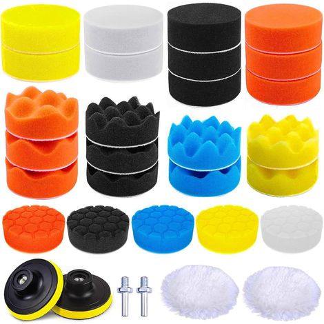 Kit de pulido para coche de 31 piezas, 25 almohadillas de pulido de 80 mm, 2 almohadillas de pulido de lana, 2 adaptadores de taladro M10, para pulir, esmerilar y encerar con pulidora de coche.