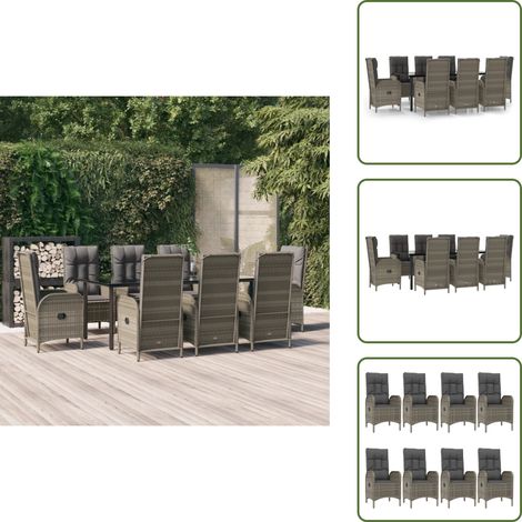 The Living Store 9-tlg. Garten-Essgruppe mit Kissen Schwarz und Grau Poly Rattan - Gartenessgruppe (1/5)