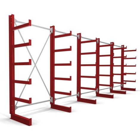Stier – Rayonnage à bras en porte-à-faux – 5 travées, 5 niveaux – Capacité 200 kg par bras – Largeur 6500 mm, Hauteur 2000 mm, Profondeur 500 mm