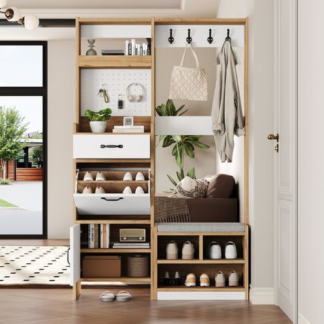 Meuble d’entrée moderne combinant penderie et banc à chaussures, patères, 1 tiroir, 1 compartiment rabattable, 1 porte et espace de rangement ouvert, couleur chêne/blanc, 108,5 x 35 x 180 cm. (1/5)