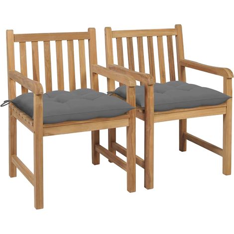 vidaXL Sillas de jardín 2 uds madera maciza de teca con cojines grises (1/5)