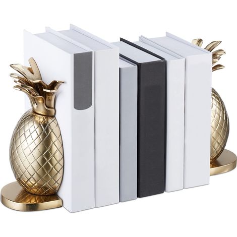 Serre-Livres en Forme d’Ananas, 2 pièces, métal, H x L x P : 21 x 8 x 13 cm, pour étagère, doré (1/5)