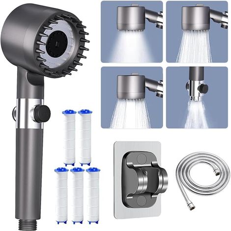 Shower Head, Anti-Limescale Shower Head with 1.5 m Hose and Stand, 4 Modes Bathroom Shower Head with Water Stop Button, Shower Head Kit with Filter, 5 Pieces, Grey (1/5)