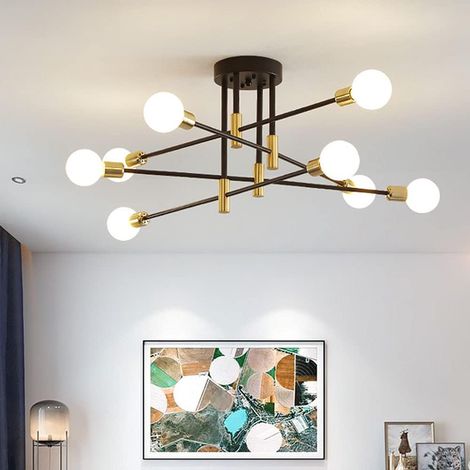 Ortviai Lustre moderne 8 lumières suspendu réglable semi-encastré noir et or pour salon, salle à manger, chambre, cuisine (1/4)