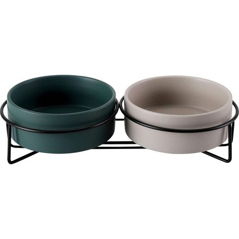 Croquettes pour chat en céramique double bol (vert + gris)-Fei Yu