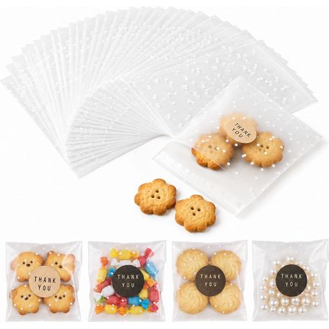 100 Gepunktete Cellophantüten Selbstklebend klein Tüten 10x10cm Mini Kekse, Pralinen und Bonbons, Geschenktüten klein für Hochzeit, Geburtstag und Dankeschön, 200 Aufkleber als Dekoration (1/5)
