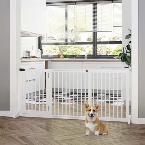 Valla para perros extensible, 113-166x36x71 cm, con puerta, 3 paneles, madera, blanco (1/5)