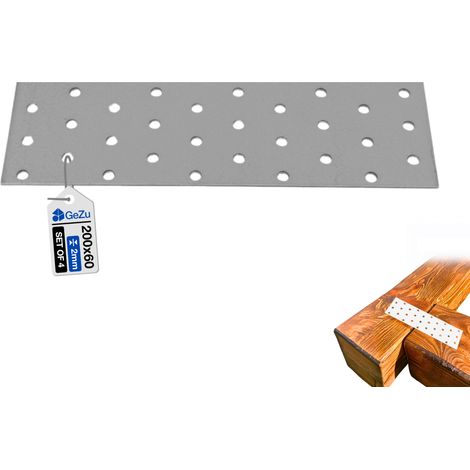 Lot de 4 Plaque perforée d’assemblage plate acier galvanisé 60 x 200 mm – connecteur plat  patte de fixation bois/métal  plaque de raccord universelle – GeZu Impex