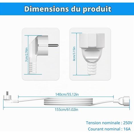 1.5 m Extension Cord, Extension Cord Schuko 250 V, 16 A, 3680 W, Male to Female -H05VV-F3G 1.5 mm² Extension Cable Electric Extension Cable – White (1/4)