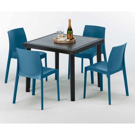 Mesa Cuadrada Negra 90x90 cm y 4 Sillas De Colores Rome Passion - Azul Marino