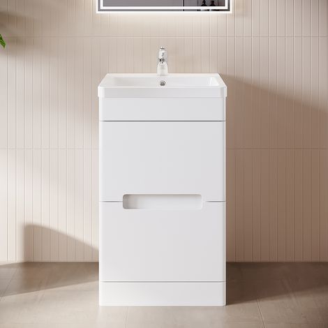 ELEGANT 490 x 445 x 800mm White Floor Standing Double Soft Slides Drawers without Handle Design Bathroom Vanity Units with High Gloss Resin Basin + Large Storage Bathroom Cabinet (1/5)
