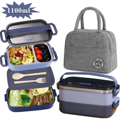 Lunch Box - Inox - 1100ml - 3 Compartiments - Sac Isotherme Inclus - Design Contemporain (1/4)