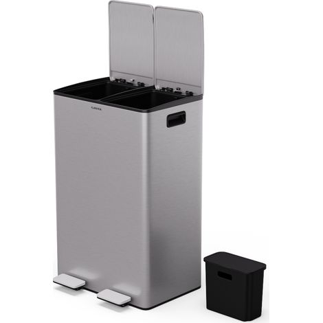 Klarstein EcoVista Mülleimer - 60L Abfalleimer mit 2 Fächern & 3L Kompostbehälter, Soft-Close, Edelstahl, Küchen-Abfalleimer, Mülltrennsystem