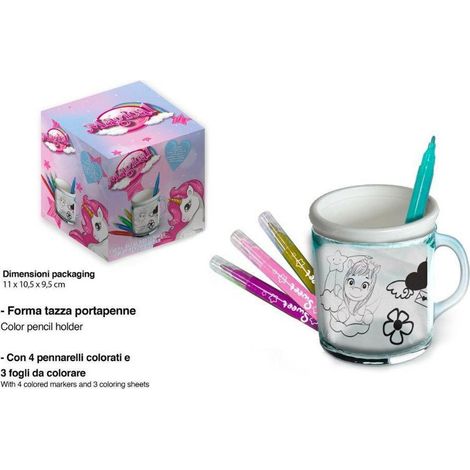 TrAdE Shop Traesio - Tazza Portapenne Da Colorare Tema Unicorno Bicchiere Porta Colori Pennarelli -