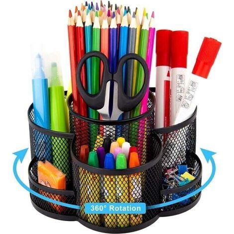 Porte-Stylo En Maille Pour Bureau, Organiseur De Bureau Rotatif À 360 Degrés Avec 7 Compartiments, Organiseur Stationnaire En Métal, Grand Organiseur De Fournitures De Bureau Pour L'Art De L'École De (1/4)