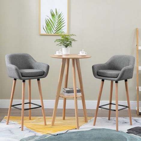 Tabourets de Bar Design scandinave - Lot de 2 tabourets de Bar Grand Confort avec Repose-Pieds et accoudoirs - Bois massif Lin foncé Gris