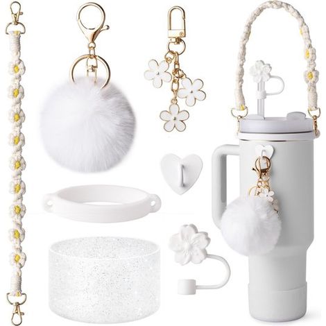 Per le bottiglie d'acqua Stanley, copritazza in silicone con glitter, catenella per tazza con motivo floreale e manico, ciondolo a forma di cuore, tappo per cannuccia (1/4)