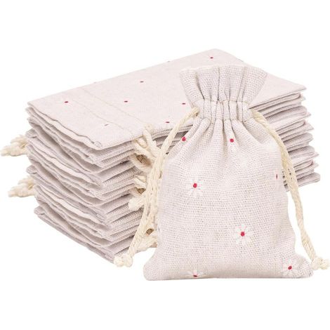 Lot de 20 sachets en toile de jute - Couleur : naturelle - 9 cm x 12 cm - Idéaux pour les fleurs de lavande ou les bijoux, Weiße Blume (1/5)