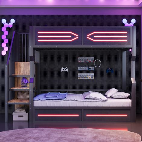 Lit superposés métal 90 x 200 cm avec escalier rangement LED armoire garde-corps haut lit ado gain de place noir robuste et moderne